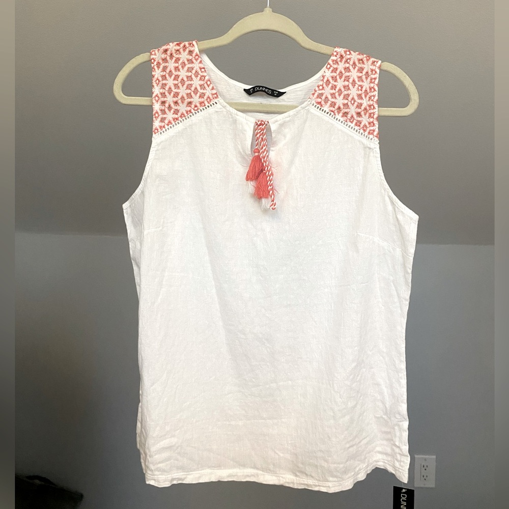 Dunnes 100% cotton Sleeveless white and pink Embroidered Tank Blouse